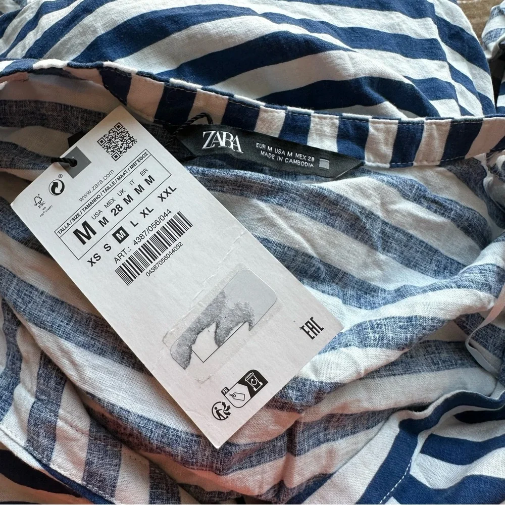 NWT Zara Linen Blend Striped Button Down Shirt Blue White Size Medium - Picture 4 of 5